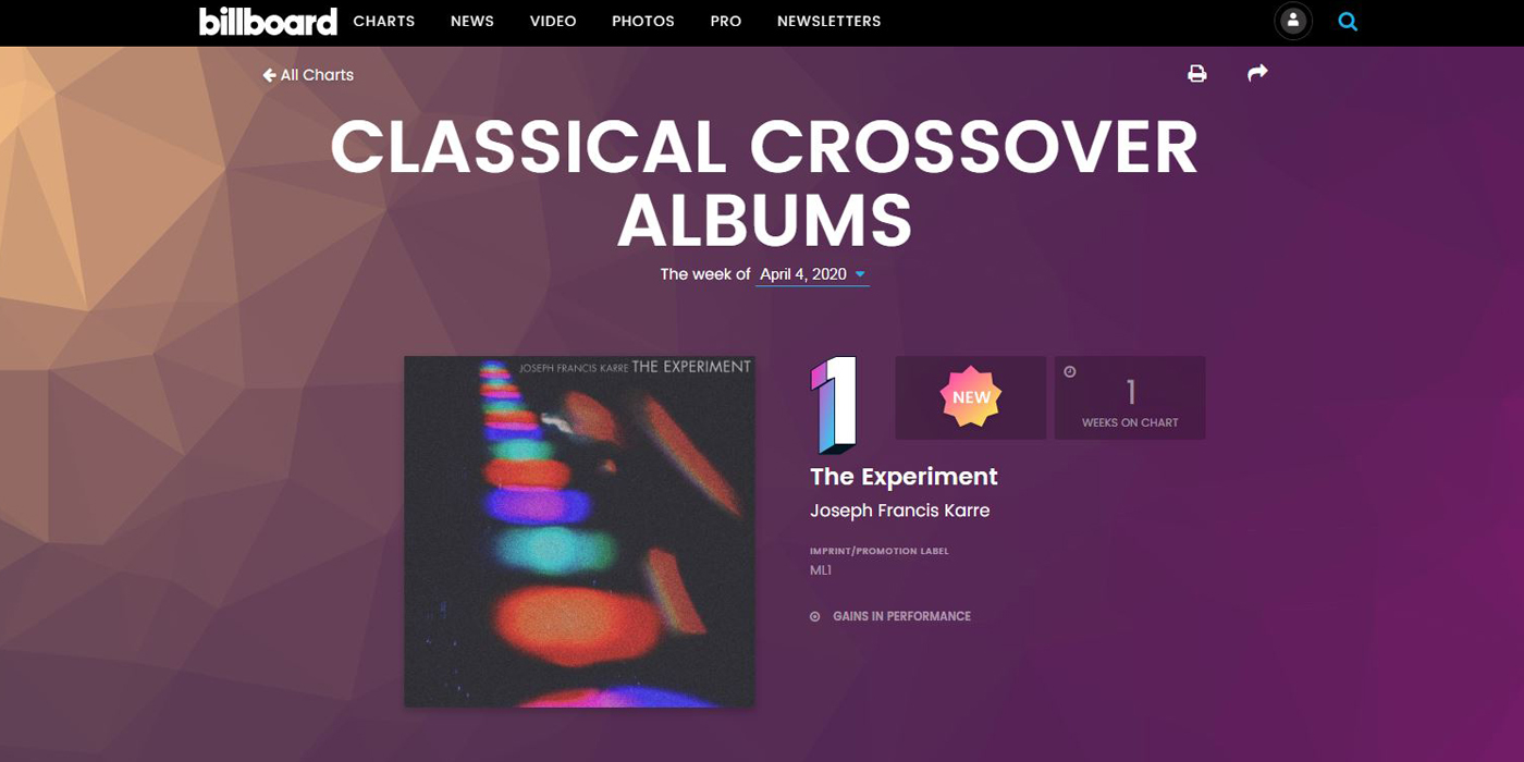Joseph Francis Karre - The Experiment #1 debut on Billboard Classicial Crossover Albums chart